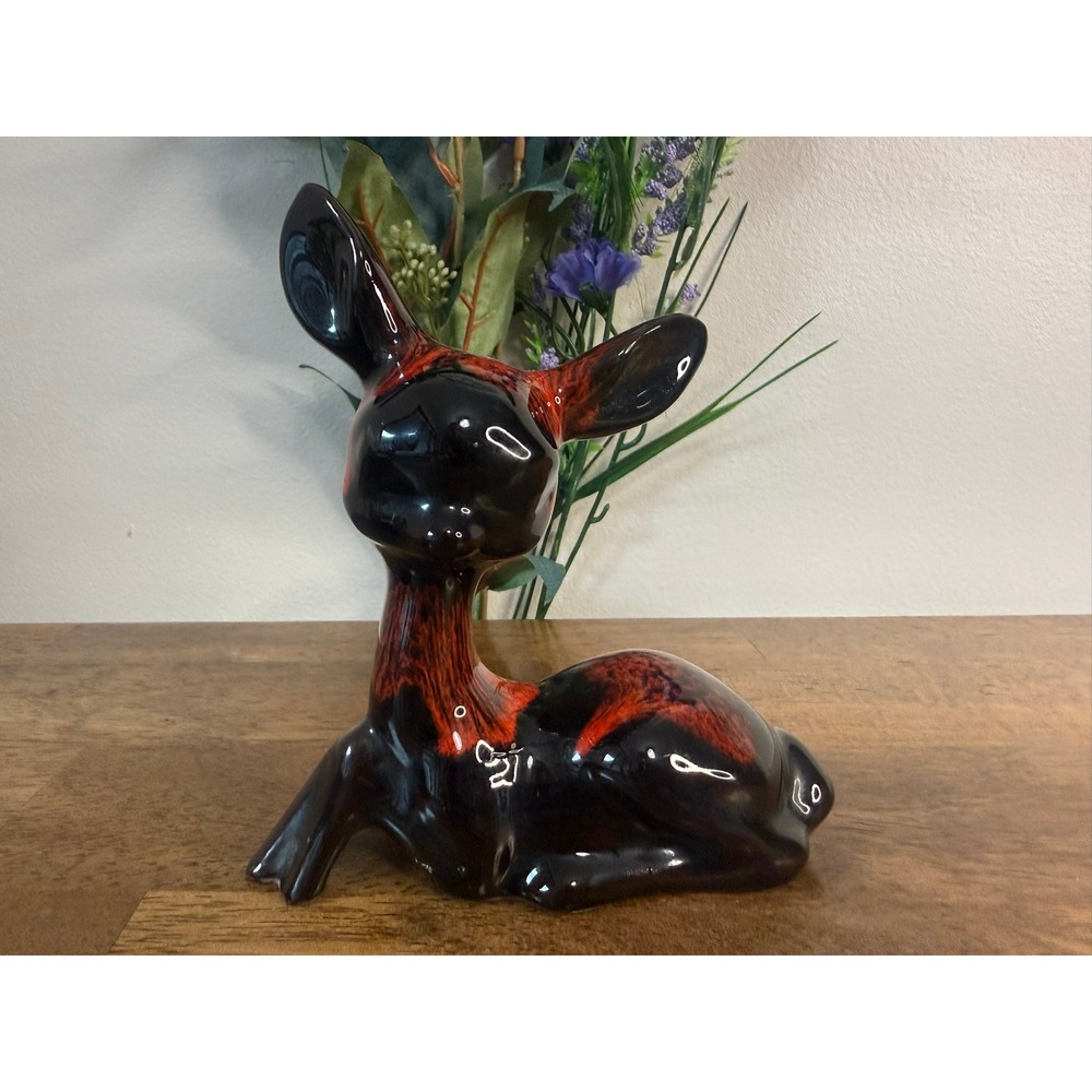 Vintage MCM Art Pottery Deer Figurine Red Flame Drip Glaze Ceramic Retro